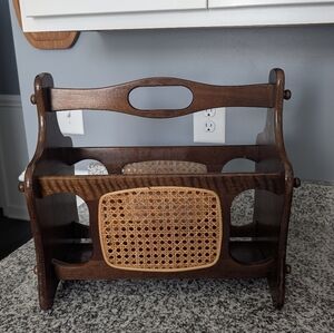 Vintage Wooden Magazine Rack with Woven Accent